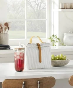 Hearth & Hand With Magnolia Ticking Stripe Waxed Canvas Lunch Bag Gray/Cream - Hearth & Hand™ with Magnolia