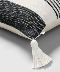 Hearth & Hand With Magnolia 18"x18" Center Stripes Tassel Throw Pillow Dark Gray/Cream - Hearth & Hand™ with Magnolia