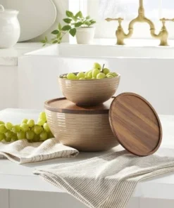 Hearth & Hand With Magnolia Ribbed Stoneware Serving Bowls with Wood Lids Blush/Brown (Set of 2) - Hearth & Hand™ with Magnolia