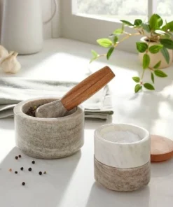 Hearth & Hand With Magnolia 2pc Marble & Wood Mortar and Pestle Set Warm Gray - Hearth & Hand™ with Magnolia
