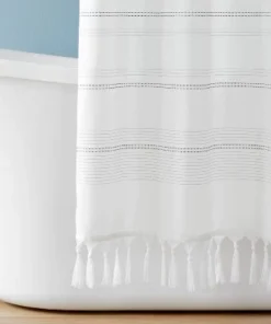 Hearth & Hand With Magnolia Woven Stripe Tassel Shower Curtain White/Dark Gray - Hearth & Hand™ with Magnolia